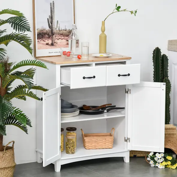 HOMCOM Modern Kitchen Cupboard, Wooden Storage Cabinet, Tableware Organizer with 2 Drawers for Living & Dining Room, White - 2