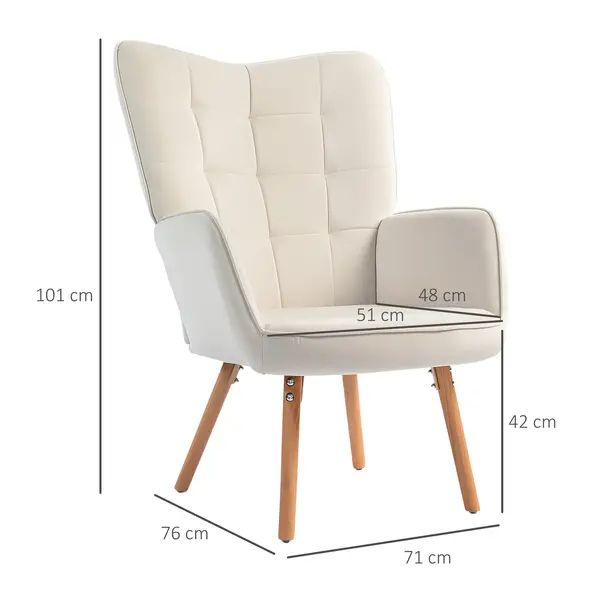 HOMCOM Modern Accent Chair Set of 2 Velvet-Touch Tufted Wingback Armchair Upholstered Leisure Lounge Sofa Club Chair with Wood Legs, Cream White - 3