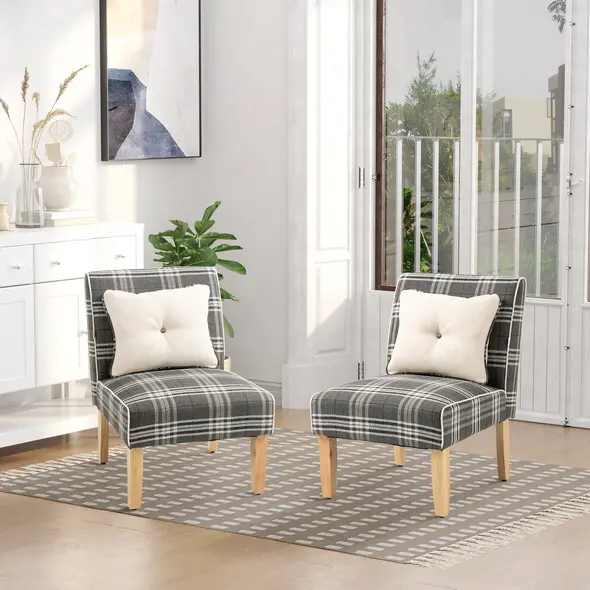 HOMCOM Modern Dining Chairs Set of 2, Accent Chair with Patterned Upholstery, Throw Pillows and Rubber Wood Legs, for Kitchen Living Room, Grey - 2