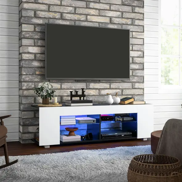HOMCOM Multi-Shelf TV Cabinet, with Adjustable LED Lights - White - 2
