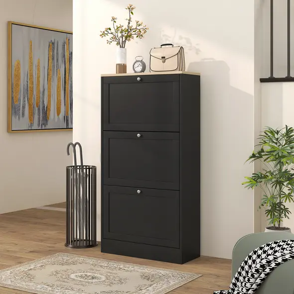 HOMCOM Modern Compact Three-Drawer Shoe Storage Cabinet - Black - 8