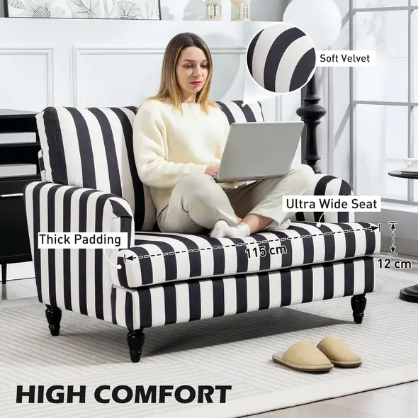 HOMCOM Modern Cuddle Chair, Velvet Single Sofa Armchair with Stripe, Turned Legs and Wide Seat, Upholstered Snuggle Chair for Living Room, Bedroom, Black and White - 5