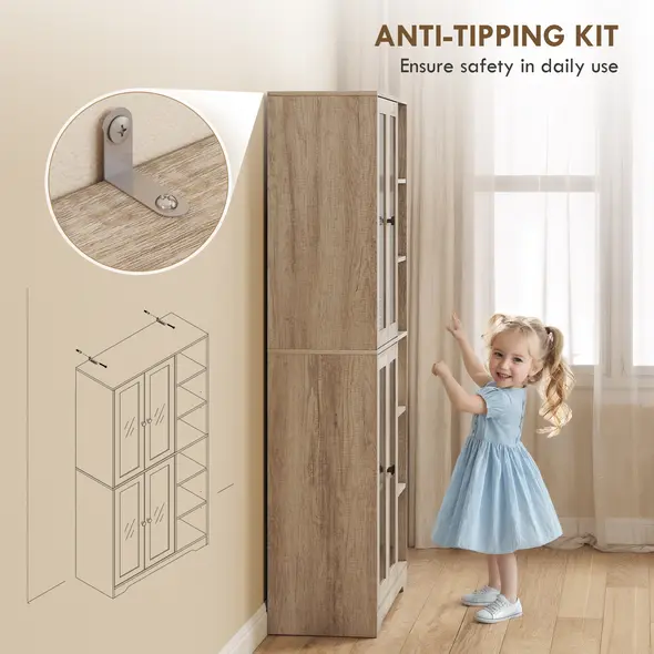 HOMCOM Multi-Storage Kitchen Cabinet, with Glass Doors - Grey Wood-Effect - 8