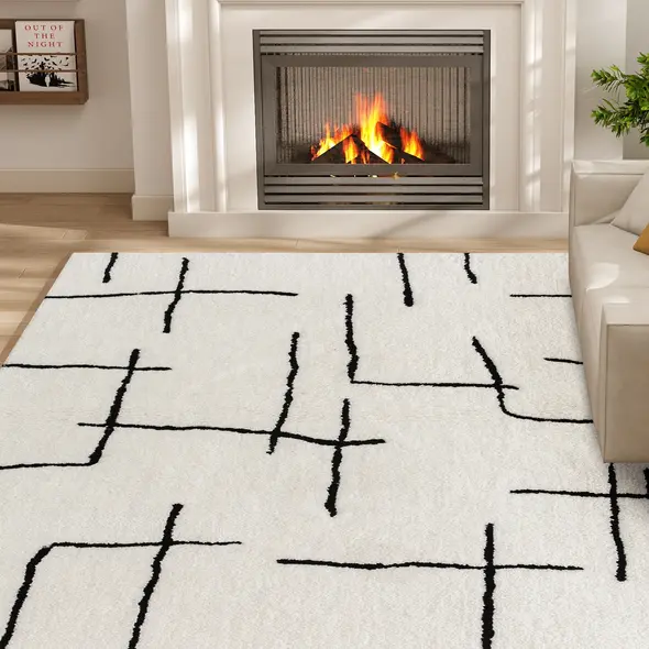 HOMCOM Modern Fluffy Area Rug, Geometric Pattern Washable Rug, Soft High Pile Floor Carpet for Living Room, Bedroom, Dining Room, Home Office, 170 x 120 cm, Cream - 9