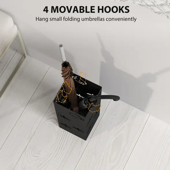 HOMCOM Metal Umbrella Stand, Square Umbrella Holder with Removable Drip Tray and 4 Hooks, Decorative Umbrella Storage Rack for Hallway, Entryway, 15.5 x 15.5 x 41 cm, Black - 5