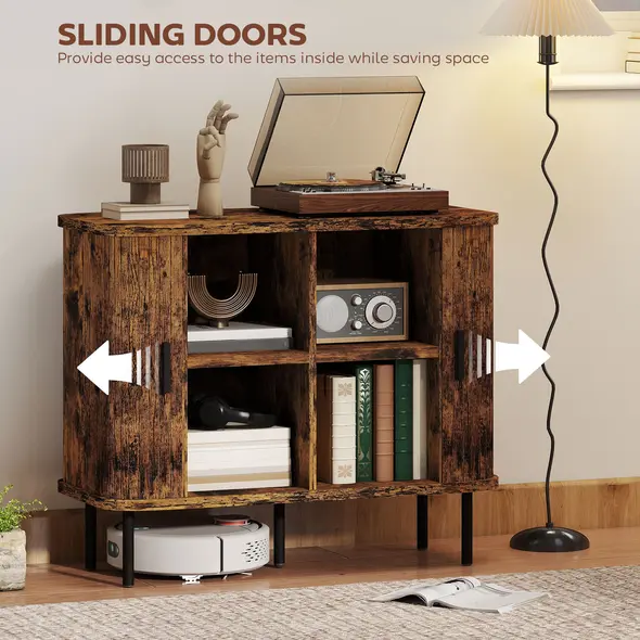 HOMCOM Mid-Century Modern Sideboard Storage Cabinet with Slatted Tambour Sliding Doors, Kitchen Cabinet with Steel Legs, Rustic Brown - 5