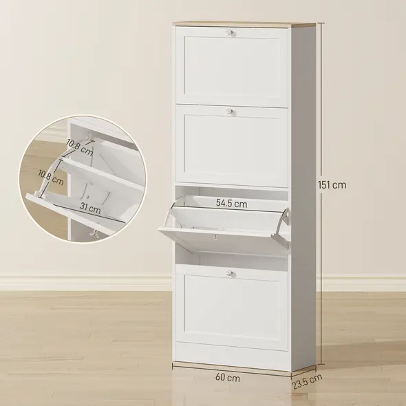HOMCOM Modern Compact Four-Drawer Shoe Storage Cabinet - White - 3