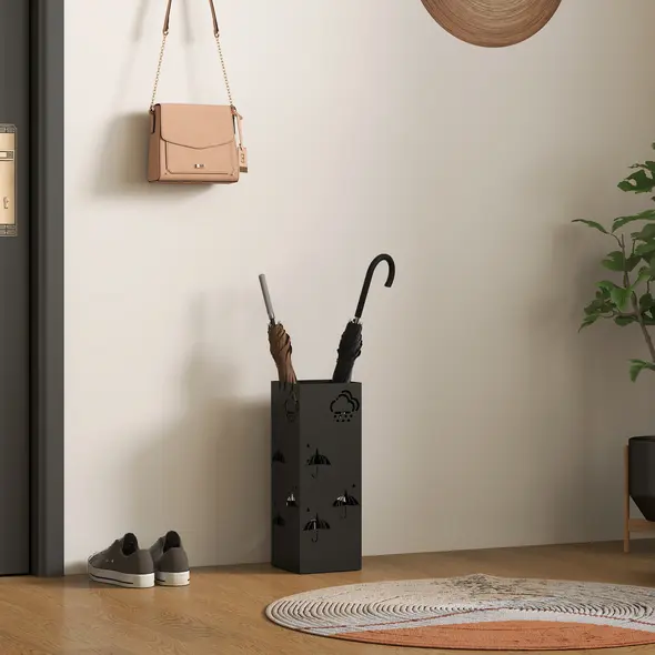 HOMCOM Metal Umbrella Stand, Square Umbrella Holder with Removable Drip Tray and 4 Hooks, Decorative Umbrella Storage Rack for Hallway, Entryway, 15.5 x 15.5 x 41 cm, Black - 8