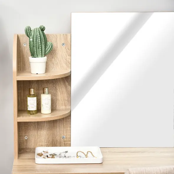 HOMCOM Modern Dressing Table Writing Desk W/ Mirror, Big Drawers, 2-Tier Open Shelf For Home Bedroom Natural - 8