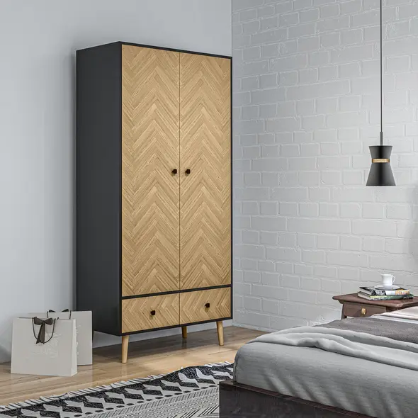 HOMCOM Modern Wardrobe Cabinet Wood Grain Sticker Surface with Shelf, Hanging Rod and 2 Drawers 90x50x190cm - 2