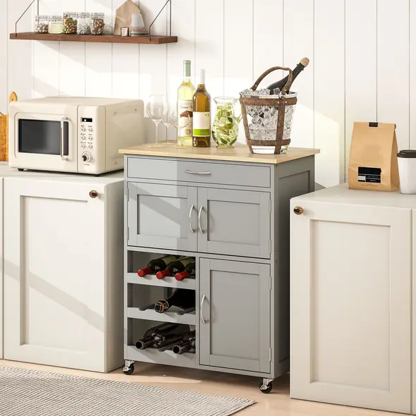 HOMCOM Modern Kitchen Trolley, Rolling Island Storage Cart with Drawer, 9-bottle Wine Rack, Door Cabinets, Wooden Countertop, Grey - 7