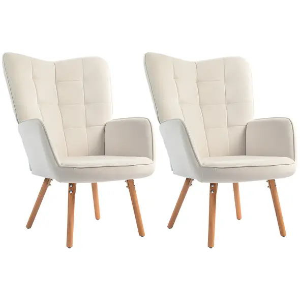 HOMCOM Modern Accent Chair Set of 2 Velvet-Touch Tufted Wingback Armchair Upholstered Leisure Lounge Sofa Club Chair with Wood Legs, Cream White - 9