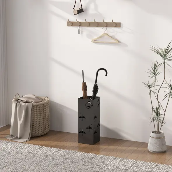 HOMCOM Metal Umbrella Stand, Square Umbrella Holder with Removable Drip Tray and 4 Hooks, Decorative Umbrella Storage Rack for Hallway, Entryway, 15.5 x 15.5 x 41 cm, Black - 7