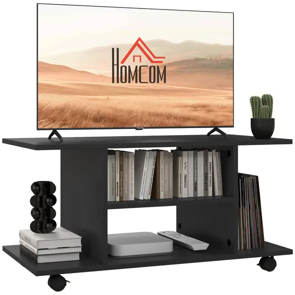 HOMCOM Modern TV Cabinet Stand Storage Shelves Table Mobile Bedroom Furniture Bookshelf Bookcase Black - 1