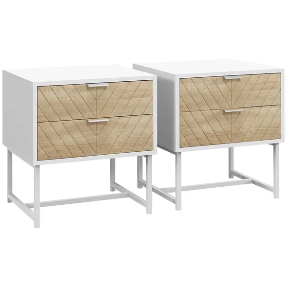 HOMCOM Modern Bedside Table with 2 Drawers and Metal Frame, Sofa Side Table for Bedroom Living Room, Set of 2, White and Oak - 1