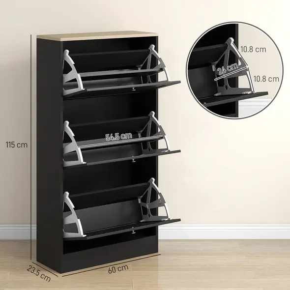 HOMCOM Modern Compact Three-Drawer Shoe Storage Cabinet - Black - 3