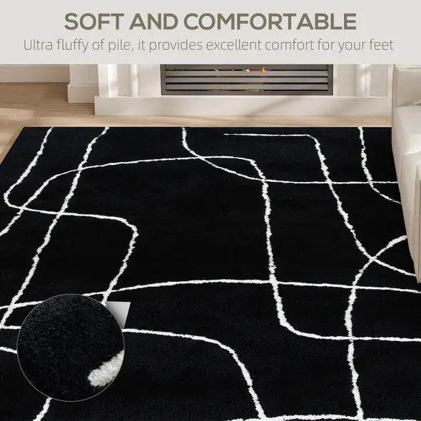 HOMCOM Modern Fluffy Area Rug, Geometric Pattern Washable Rug, Soft High Pile Floor Carpet for Living Room, Bedroom, Dining Room, Home Office, 170 x 120 cm, Black - 4