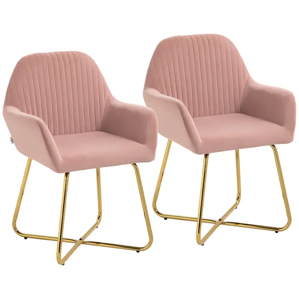 HOMCOM Modern Arm Chair Set of 2 Upholstered Accent Chair with Metal Base for Living Room Pink - 1
