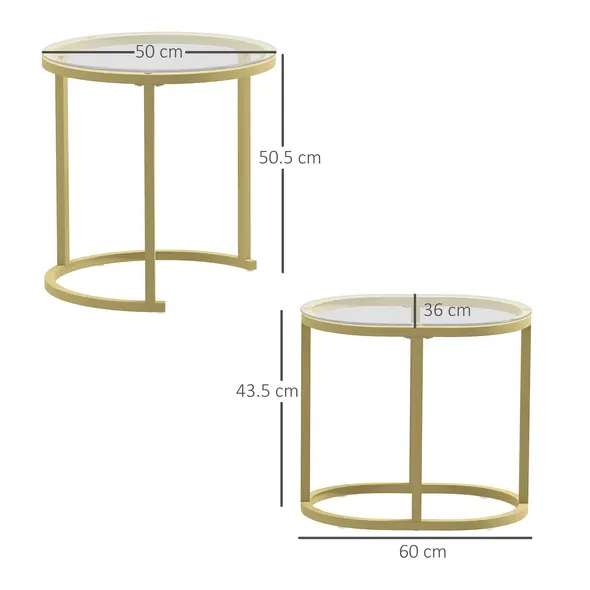 HOMCOM Modern Coffee Table Set of 2, Nest of Tables with Steel Frame and Tempered Glass Tabletop, Side Tables for Living Room Bedroom, Clear - 3