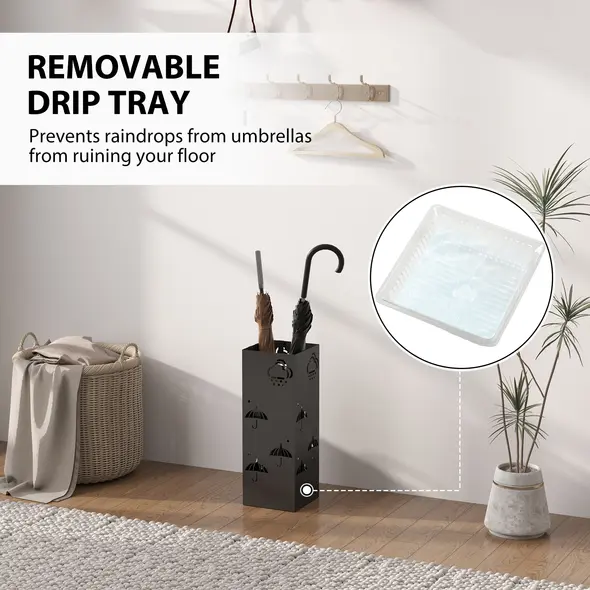 HOMCOM Metal Umbrella Stand, Square Umbrella Holder with Removable Drip Tray and 4 Hooks, Decorative Umbrella Storage Rack for Hallway, Entryway, 15.5 x 15.5 x 41 cm, Black - 4