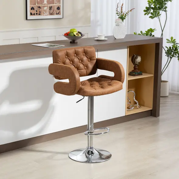HOMCOM PU Leather Upholstered Swivel Bar Stool, Height Adjustable with Back, Armrest, Footrest, Brown - 2