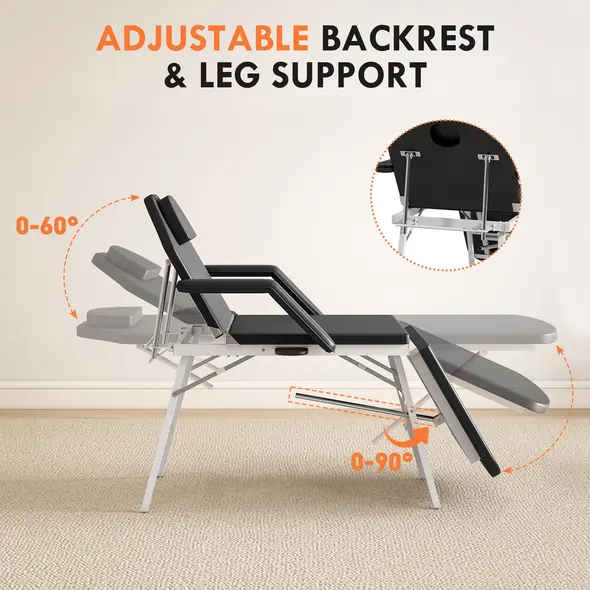 HOMCOM Portable Massage Table, 3 Section Adjustable Beauty Bed, Foldable Massage Bed with Face Hole, Recliner Chair with Removable Headrest and Armrests for Spa, Lash, Tattoo, Black - 4