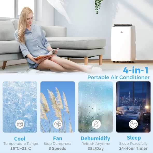 HOMCOM Portable Air Conditioner 12000 BTU, 4-in-1 Air Conditioning Unit, Dehumidifier, Cooling, Fan, Sleep Mode with 3 Speeds, Remote Control, LED Display, 24H Timer, Window Kit, Children Lock, 35m² - 4