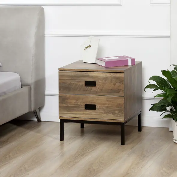HOMCOM Retro Bedside Table, End Side Table with 2 Drawers, Metal Frame for Bedroom, Living Room, Coffee - 2