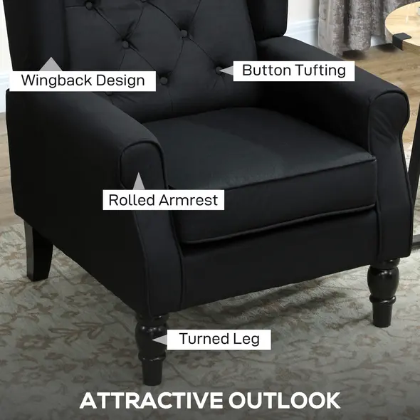 HOMCOM Retro Accent Chair, Linen Wingback Armchair with Wood Frame Button Tufted Design for Living Room Bedroom, Black - 4