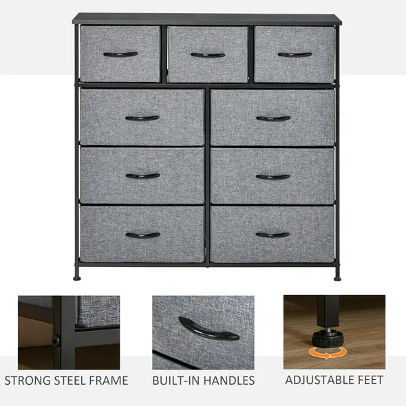 HOMCOM Nine Drawer Fabric Dresser - Grey - 5
