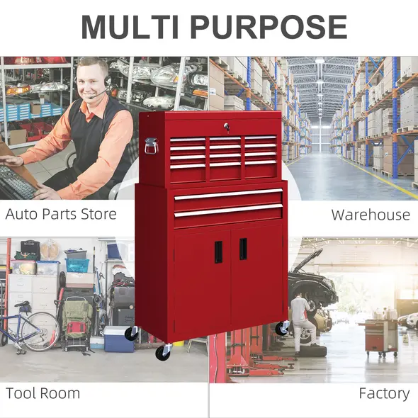 HOMCOM Portable Tool Box, Metal Tool Chest on Wheels with 6 Drawers for Garage and Workshop, Red - 5