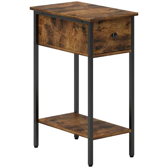HOMCOM Narrow Side Table with Drawer and Storage Shelf - Rustic Brown - 1