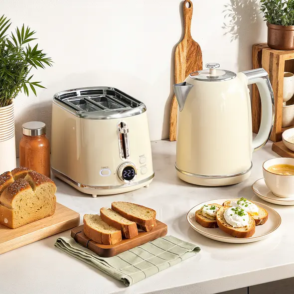 HOMCOM Polished Retro 40-100°C Kettle and Toaster Set - Cream - 2