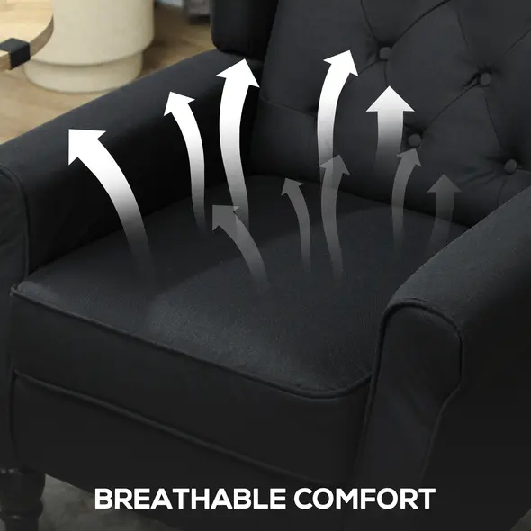 HOMCOM Retro Accent Chair, Linen Wingback Armchair with Wood Frame Button Tufted Design for Living Room Bedroom, Black - 6