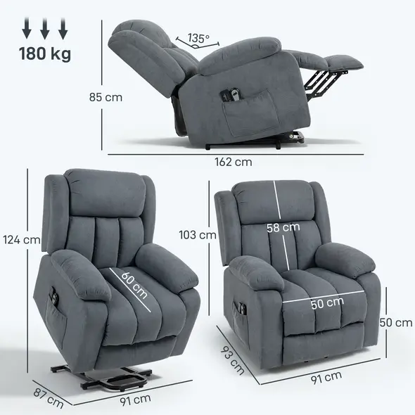 HOMCOM Power Lift Recliner Chair with Massage, Overstuffed Lift Chair for Elderly with Footrest, Remote and Side Pocket, Grey - 3