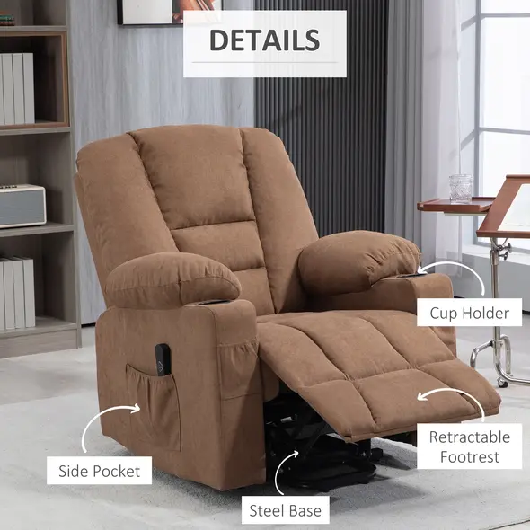 HOMCOM Oversized Riser and Recliner Chairs for the Elderly, Fabric Upholstered Lift Chair for Living Room with Remote Control, Side Pockets, Cup Holder, Brown - 6