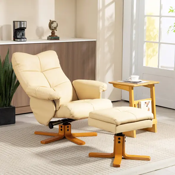 HOMCOM PU Leather Swivel Recliner Chair with Footstool, Wooden Base and Storage for Living Room, Beige - 2