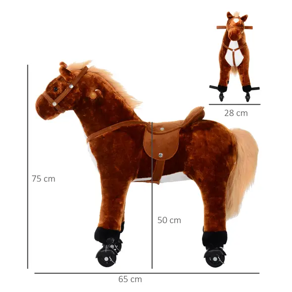 HOMCOM Plush Walking Horse Ride On Toy with Wheels and Realistic Sounds Rocking Horse for Girls Boys 2+ Years Old, 50cm Tall, Brown - 3