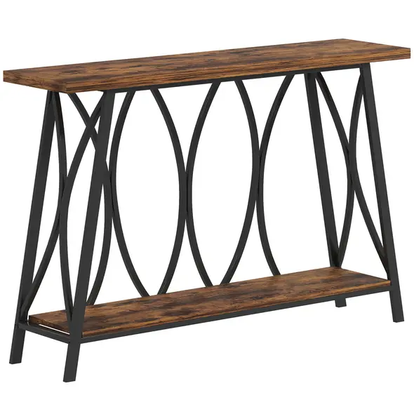HOMCOM Narrow Console Table, Industrial 2-Tier Sofa Table with Metal Frame for Entryway, Living Room, 120x30x80cm, Rustic Brown - 1