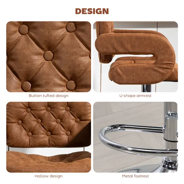 HOMCOM PU Leather Upholstered Swivel Bar Stool, Height Adjustable with Back, Armrest, Footrest, Brown - 7