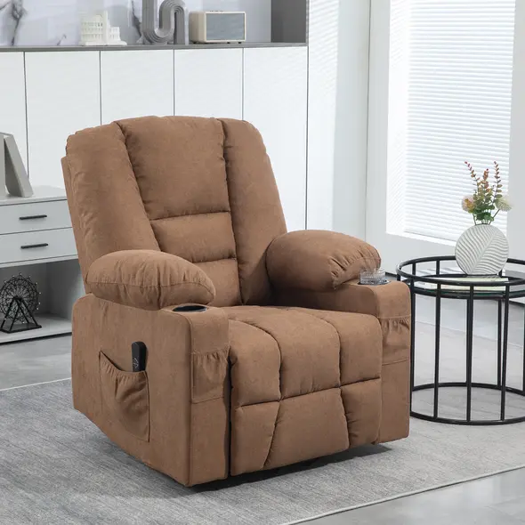 HOMCOM Oversized Riser and Recliner Chairs for the Elderly, Fabric Upholstered Lift Chair for Living Room with Remote Control, Side Pockets, Cup Holder, Brown - 2