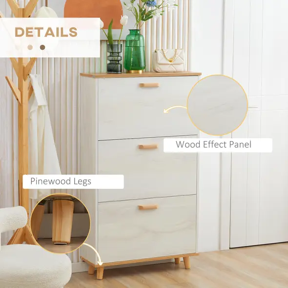 HOMCOM Narrow Shoe Cabinet, Slim Shoe Storage Cabinet with 3 Flip Drawers and Adjustable Shelves, 12 Pair of Shoes Organizer for Hallway, Entryway, Cream White - 8