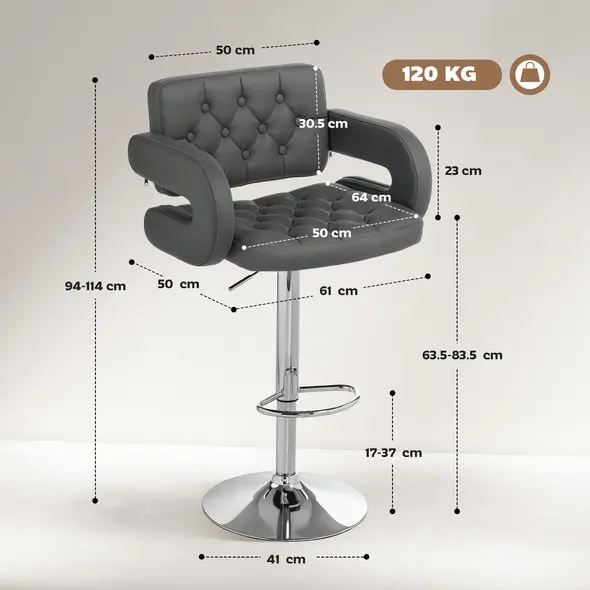 HOMCOM PU Leather Upholstered Swivel Bar Stool, Height Adjustable with Back, Armrest, Footrest, Grey - 3