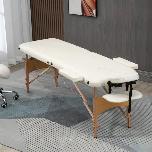 HOMCOM Portable Massage Bed, Folding Spa Beauty Massage Table with 2 Sections, Carry Bag and Wooden Frame, Cream - 2