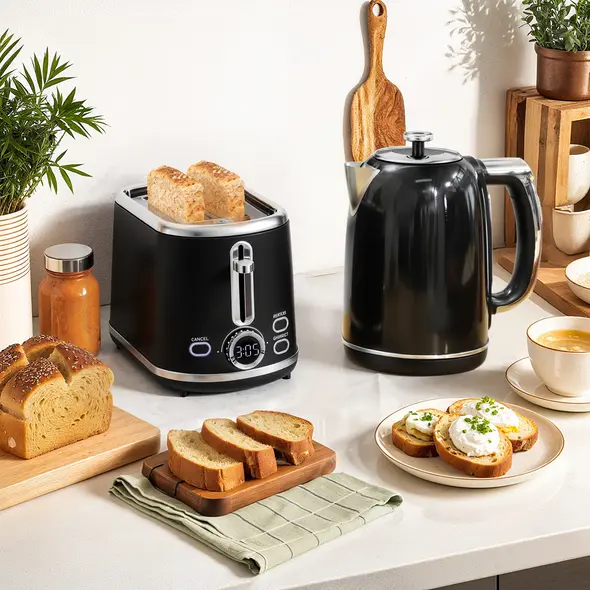 HOMCOM Polished Retro 40-100°C Kettle and Toaster Set - Black - 2