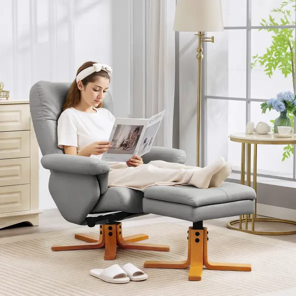 HOMCOM PU Leather Swivel Recliner Chair with Footstool, Wooden Base and Storage for Living Room, Light Grey - 8