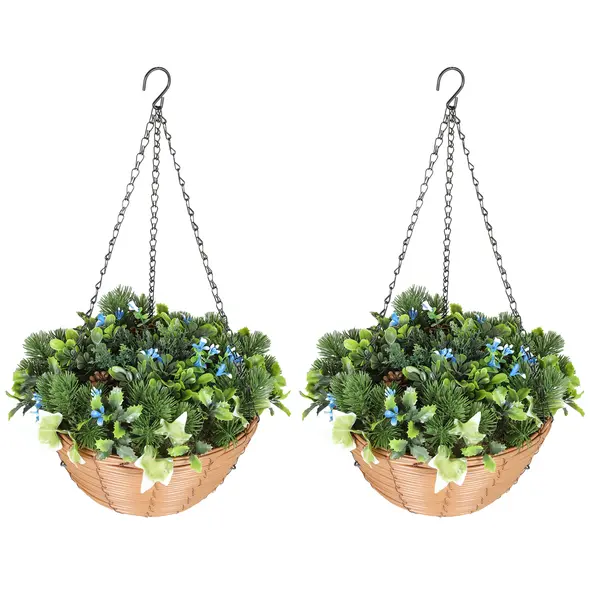 HOMCOM Pack of 2 Faux Plant Artificial Lisianthus Flowers, Hanging Planters with Basket, PE Leaves, 18 Flowers and 3 Pinecones, Decorative Faux Plants for Home Office Decor, Green - 1