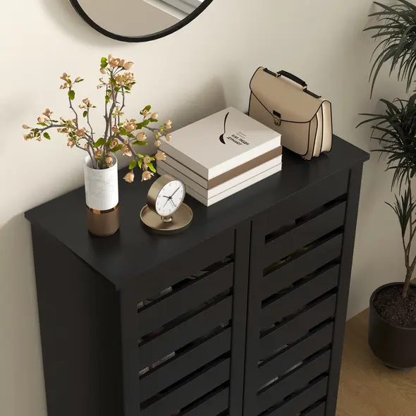 HOMCOM Narrow Shoe Cabinet for Entryway, 5-Tier Slim Shoe Storage Cabinet with 2 Slatted Doors and Adjustable Shelves - 8