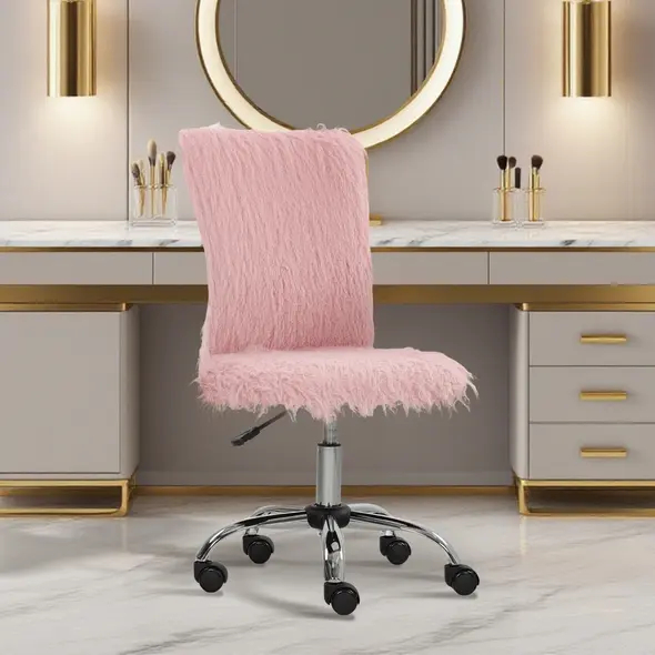 HOMCOM Plush Office Desk Chair, Modern Armless Swivel Vanity Chair with Adjustable Height for Home Office, Bedroom, Living Room, Pink - 2