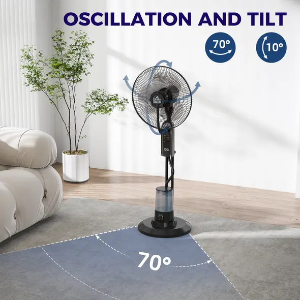 HOMCOM Pedestal Fan with Water Mist Spray, Spray Misting Fan with 70° Oscillation, Tilt Head, 3 Speeds, 3 Modes, Adjustable Mist, 3.2L Water Tank, for Home, 120 cm - 6